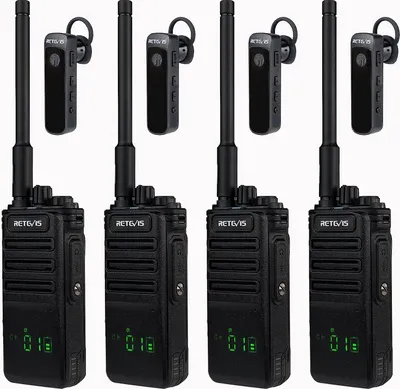 Four black walkie-talkies with attached Bluetooth headsets are arranged in a row against a white background.