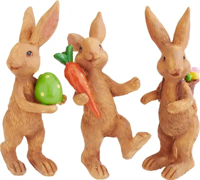 Produktbild von VBS Fridolin Osterdekoration Hasenfiguren, 3 Stück, mit Osterei, Möhre, Korb, 7,5-9,5 cm