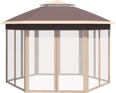 Produktbild von Outsunny Gartenpavillon Faltpavillon 4 x 4 m Pop-Up-Zelt Partyzelt inkl. Tragetasche 6 Seitenteile Doppeldach sechseckig Beige+Khaki