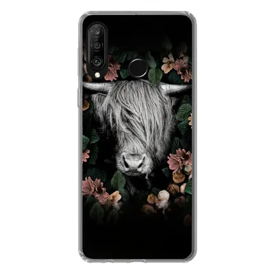 Produktbild von MuchoWow® Handyhülle Schutzhülle Hülle für Huawei P30 Lite Schottischer Highlander - Blumen - Rosa Silikon Softcase Handy Hülle - Handyhülle