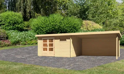 Produktbild von Blockbohlenhaus Bastrup 8 naturbelassen im Set mit Anbaudach 4 m breit, 28 mm Rückwand