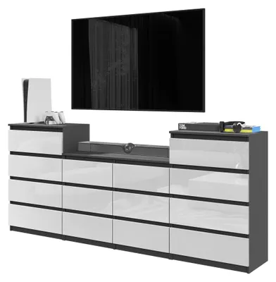 Produktbild von Kommodenset Anthrazit Grau / Weiß Hochglanz mit 14 Schubladen (4+6+4) – Großes Sideboard Set für Schlafzimmer & Wohnzimmer – GABRIEL