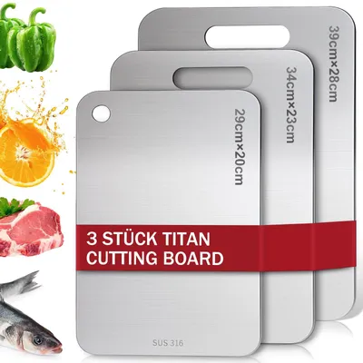 Produktbild von Set mit 3 Titan-Schneidebrettern – Schneidebrett aus Edelstahl S316, lebensmittelecht, doppelseitig verwendbar, Titan-Schneidebrett für Fleisch, Obst und Gemüse