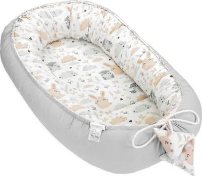 Produktbild von Babynest Kokon Neugeborene 90 x 50 cm - Handmade Kuschelnest Baby Nestchen aus Baumwolle Eulen Hellgrau