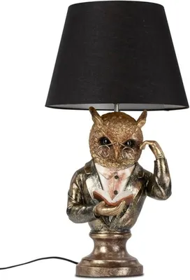Zdjęcie produktu dla dekoracyjna lampa stołowa sowa z garniturem i okularami h. 56cm antyczny kolor Formano