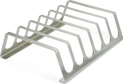 A stainless steel rib rack for grilling or baking.