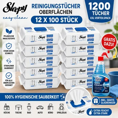 Obrázek produktu pro Čisticí ubrousky Sleepy Easy Clean – 12 x 100 ks, modré + čistič skla
