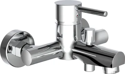 A chrome-finished bathtub faucet is shown against a white background.