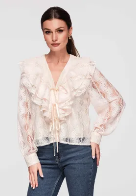 Produktbild von LARICA Damen Bluse V-Ausschnitt Spitze Langarm Romantisch & Elegant OW-TS-E0027 beige L