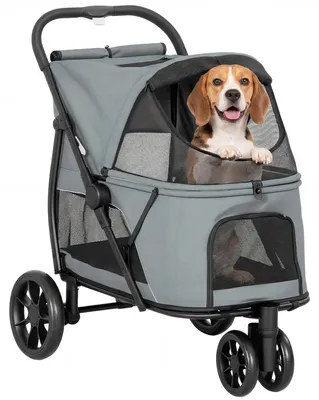 Image de Poussette pour chien - Poussette pliable - 3 roues - Fenêtres en filet - Pneus tout-terrain - Jusqu'à 20 kg - 92 × 63 × 95 cm - Gris