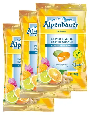 Zdjęcie produktu dla Alpenbauer Klassik – cukierki imbirowo-pomarańczowe i imbirowo-limonkowe, 120 g, opakowanie zawierające 3 sztuki