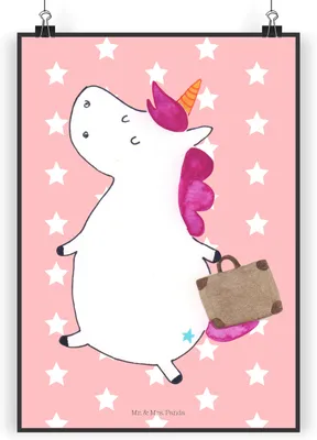 Produktbild von Mr. & Mrs. Panda Bild Einhorn Koffer DIN A4 - Rot Pastell - Geschenk, Einhörner, drucke, Spaß, Unicorn, Wandbild, Posterdruck, Lustig, Plakat, wanddeko