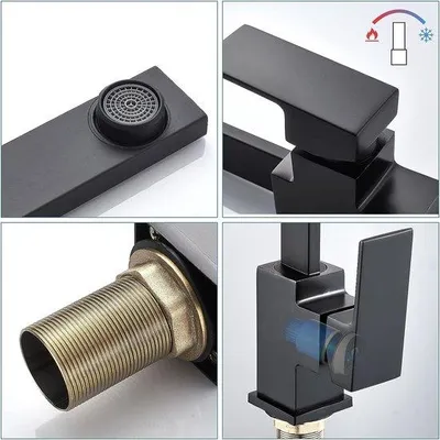 Image de Robinet de cuisine Unyqoos® en laiton, noir – Mitigeur à levier unique pour évier, haute pression, pivotant à 360°, montage possible à gauche ou à droite