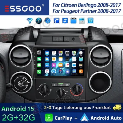 Obrázok produktu pre Autorádio 9 palcov, systém Android 15, s funkciami CarPlay, Android Auto, GPS navigáciou, dotykovým displejom, Bluetooth, RDS, ovládaním z volantu, s pamäťou 2 GB a 32 GB, určené pre modely Peugeot Partner a Citroen