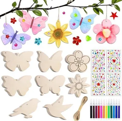 Produktbild von 57-teiliges Bastelset für Kinder, Schmetterlings-, Blumen- und Vogel-Holzanhänger zum Bemalen, für Kindergeburtstage Mädchen, DIY-Kreativset mit Aquarellstiften und Edelsteinaufkleber