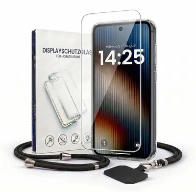 Produktbild von Handyhülle für Samsung Galaxy S25 mit Handykette und 9H Displayglas Displayschutz Band in Schwarz Kordel Hülle Case Schutzhülle Transparent