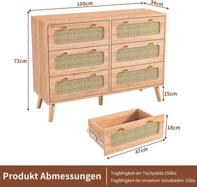 Produktbild von Rattan Kommode - Holzkommode mit 6 Schubladen - Retro Vintage Stil - Modernes Design - Für Wohnzimmer und Schlafzimmer - Farbton Naturholz
