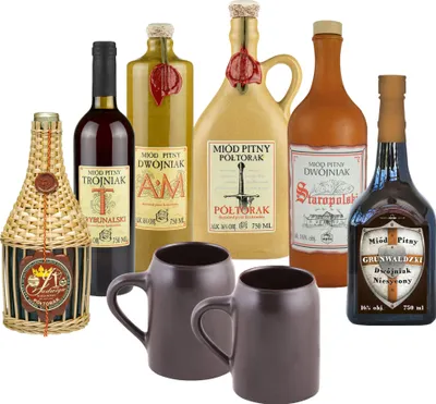 Produktbild von Setz von 6 Mets mit Keramikkrügen (Honigwein 2x Półtorak-Eineinhalber/ 3x Dwójniak-Halber / Trójniak-Drittel) | 4500ml | 13-16% Alkohol Metwein | Polnische Produktion