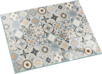 Produktbild von Mosaikmuster in Fliesen – Glasbodenplatte für – Kaminofen – Kaminplatte Glas – Schutzglas – Funkenschutzplatte –Glasbodenplatte Feuerfeste – Hitzeschutzplatte – Bodenschutz aus Glas – 80x60 cm