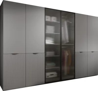 Produktbild von Drehtürenschrank mit Schubladen Falttürenschrank 6-türig Schrank mit Einlegeböden und Kleiderstange, Schlafzimmer  - Schrank Minewra 300 - Grau Flutes