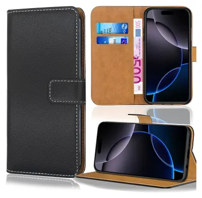 A black flip-style phone case with card slots and a banknote is shown, along with a phone inside a similar brown case.