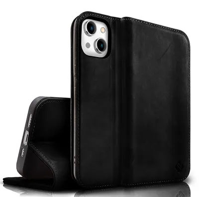 Zdjęcie produktu dla Etui z klapką NALIA ze skóry naturalnej do iPhone'a 15 Plus, skórzane etui ochronne ze skóry bydlęcej, ochrona RFID, składane, czarne