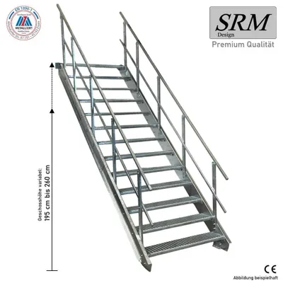 Produktbild von 13 Stufen Stahltreppe beidseitig. Geländer Breite 130cm Geschosshöhe 195-260cm