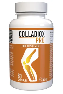 A white bottle of Colladiox Pro food supplement with an orange label.