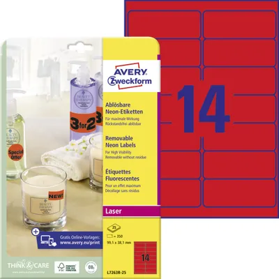 Produktbild von Avery Zweckform L7263R-25, Etiketten in Sonderfarben, A4, 99,1 x 38,1 mm, 350 Etiketten / 25 Bögen, leuchtrot
