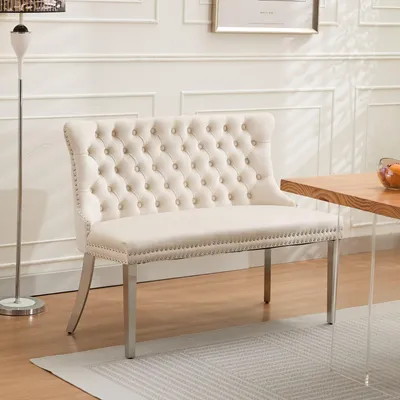 Image de Canapé deux places Velvet, banc de salle à manger en velours, pieds argentés, beige