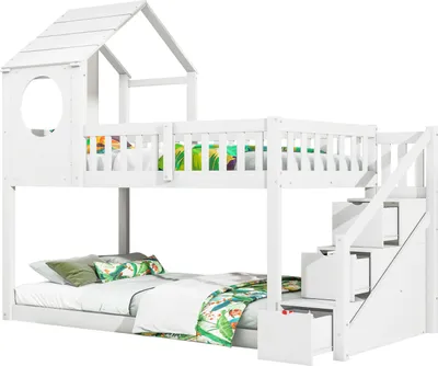 Produktbild von Kinderbett Etagenbett 90x200 cm, Baumhaus Hochbett Hausbett mit Leiterschrank, Holzbett in Hausform, Bettgestell mit Rausfallschutz und Lattenrost