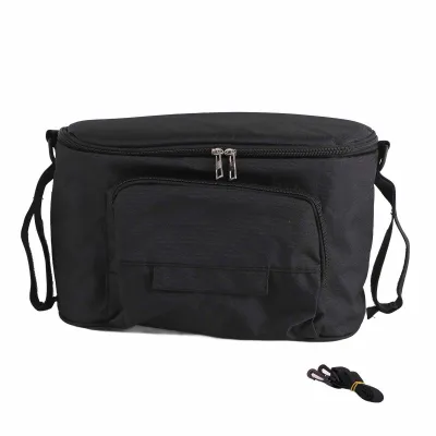 Image de Sac de rangement suspendu multifonctionnel et spacieux pour poussette, avec compartiments pour couches, biberons et gobelets, noir avec sangle de transport