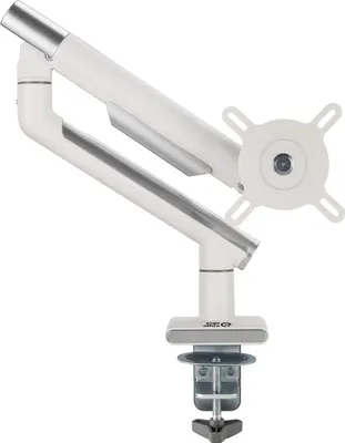 A white and silver monitor mount with a clamp base, shown against a white background.