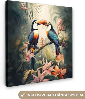 Produktbild von MuchoWow® - Leinwandbilder - Tukan - Vögel - Blumen - Natur - Dschungel, Wandbild, Wanddeko Bilder Wohnzimmer, 20x20 cm