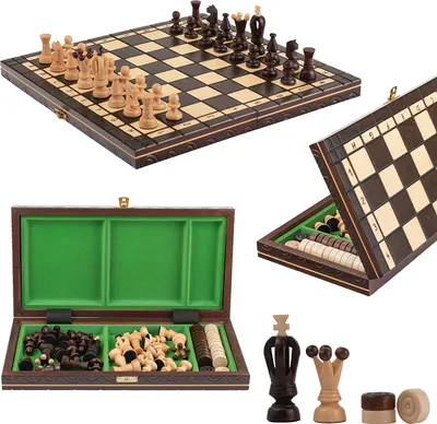 Immagine prodotto di Set da scacchi e dama in legno KINGDOM, 35 x 35 cm. 100% fatto a mano! (Marrone)