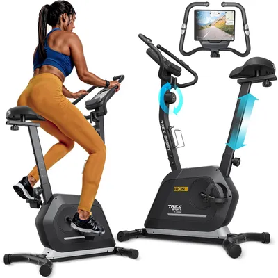 A collage of an exercise bike, with one image showing a woman using it and another showing the bike itself with feature highlights.