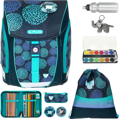 Produktbild von Schulranzen Mädchen Ranzen FiloLight Plus Herlitz 9 Teile Mega Set 960 Gramm leicht Bauchgurt Brustgurt 50037889 Flower Owl Blau +efk