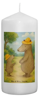 Produktbild von Mr. & Mrs. Panda Kerze Bären mit Hut Design 15 x 7 cm - Weiß - Geschenk, Familie, Stumpenkerze, Vatertag, Erinnerungskerze, Blockkerze, Bedruckte, Muttertag, Vorbild