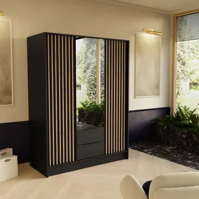 Produktbild von Drehtürenschrank NORI 150cm - Moderner Kleiderschrank mit Lamellen, Schubladen & Spiegel, Schwarz