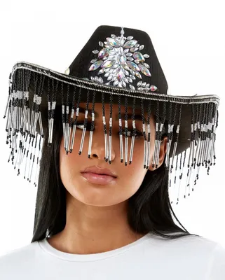 Produktbild von Schwarzer Cowboyhut Deluxe mit Fransen und Schmucksteinen als Kostüm Accessoire