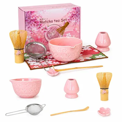 Produktbild von Matcha Set 8 teilig,japanisches Teezeremonie Set mit Keramik Matcha Schale,Ausgießer,Bambus Chasen,Teelöffel,Sieb & Geschenkbox,Rosa Sakura Design