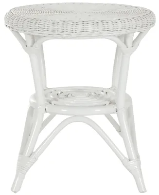 A white rattan side table.