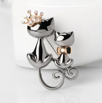 Produktbild von Modeschmuck glänzende Strass niedliche Doppelkatzen Kätzchen Krone Brosche Geschenk