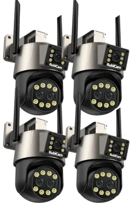 Image de Kit 4 pièces RobiCam, iCsee P8QS 2024, triple caméra, 9 Mpx, ULTRA HD, zoom 8x, vision nocturne en couleur, fixation au plafond et au mur, support té