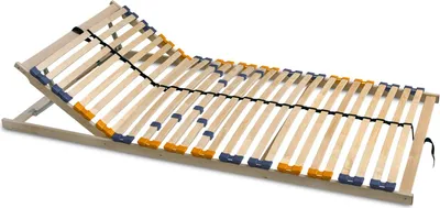 A wooden bed frame with adjustable headrest, shown on a white background.
