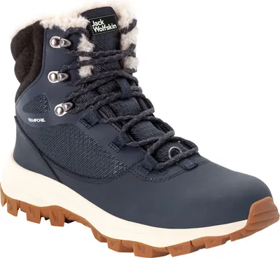 A studio shot of a blue snowboot.