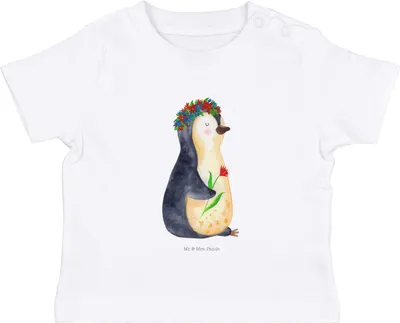 Produktbild von Mr. & Mrs. Panda Organic Baby Shirt Pinguin Blumen 0. - 6. Monat - Weiß - Geschenk, Babyshirt, Pinguine, Blumenliebe, Jerseyshirt, Wunderschön, T-Shirt, Geschenkidee,