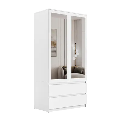 A white cabinet with glass doors and drawers, shown in a studio setting.