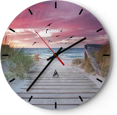 Produktbild von Wanduhr - Rund - Glasuhr - Strand Sand Vögel - 40x40cm - Schleichendes Uhrwerk - Lautlos - zum Aufhängen bereit - Dekoration Modern - Wanddekoration aus Glas - C3AR40x40-4994