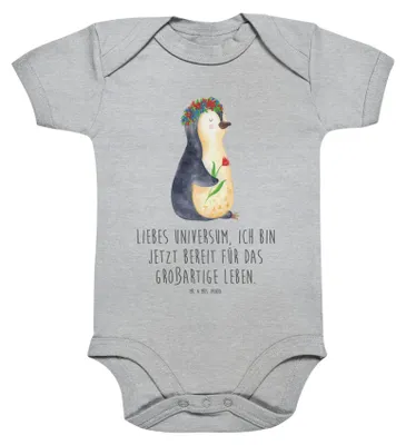 Produktbild von Mr. & Mrs. Panda Strampler Baby Pinguin Blumen 1. - 3. Monat - Heather Grey - Geschenk, body kurzarm, Liebeskummer, Pinguine, Geschenkidee, Positiv, overall, babykleidung